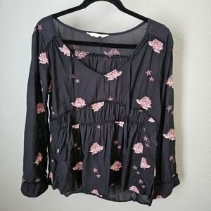 Odd Molly Black Floral Emboidered Top Size 1 S Long Sleeve Babydoll